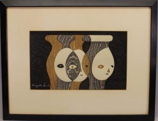 Appraisal: Kiyoshi Saito - abstract of three faces Framed Sight size