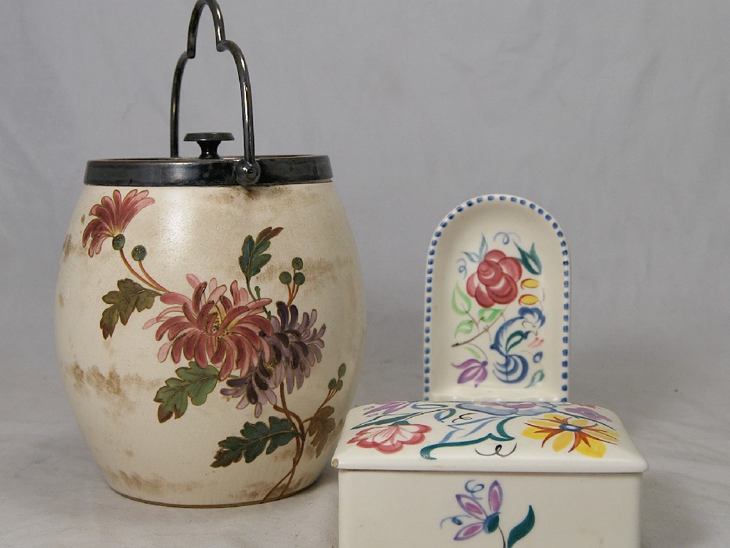 Appraisal: A Doulton Pottery floral-painted biscuit barrel with plated cover collar