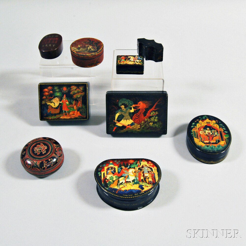 Appraisal: Nine Lacquered Boxes five Russian boxes depicting folk scenes an