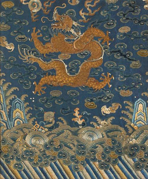 Appraisal: An embroidered silk fragment th Century Including a dragon in