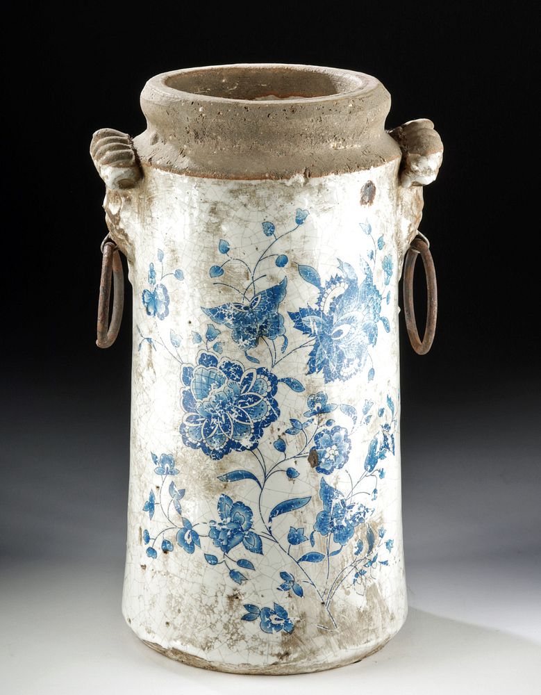 Appraisal: th C European Tin Glazed Pottery Jar w Iron Handles