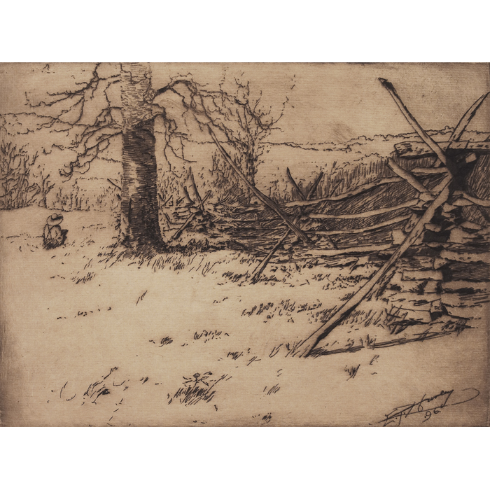 Appraisal: E T Hurley etching split rail fence with a seated