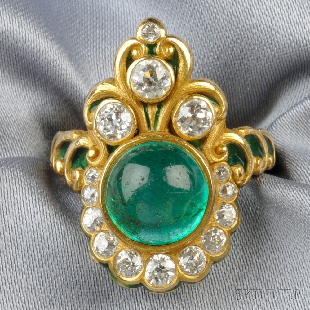 Appraisal: Art Nouveau kt Gold Emerald Enamel and Diamond Ring Marcus