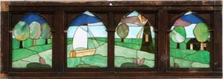 Appraisal: FOUR PANEL LEADED AND STAINED GLASS WINDOW LANDSCAPE H L