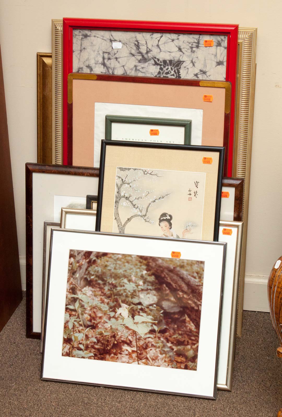 Appraisal: Nine assorted framed artworks and two mirrors photographs watercolors woodblocks