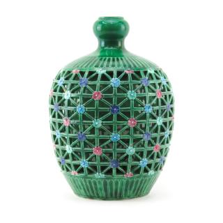 Appraisal: Vintage Mojolica Style Green Glazed Reticuated Double Wall Vase Vintage