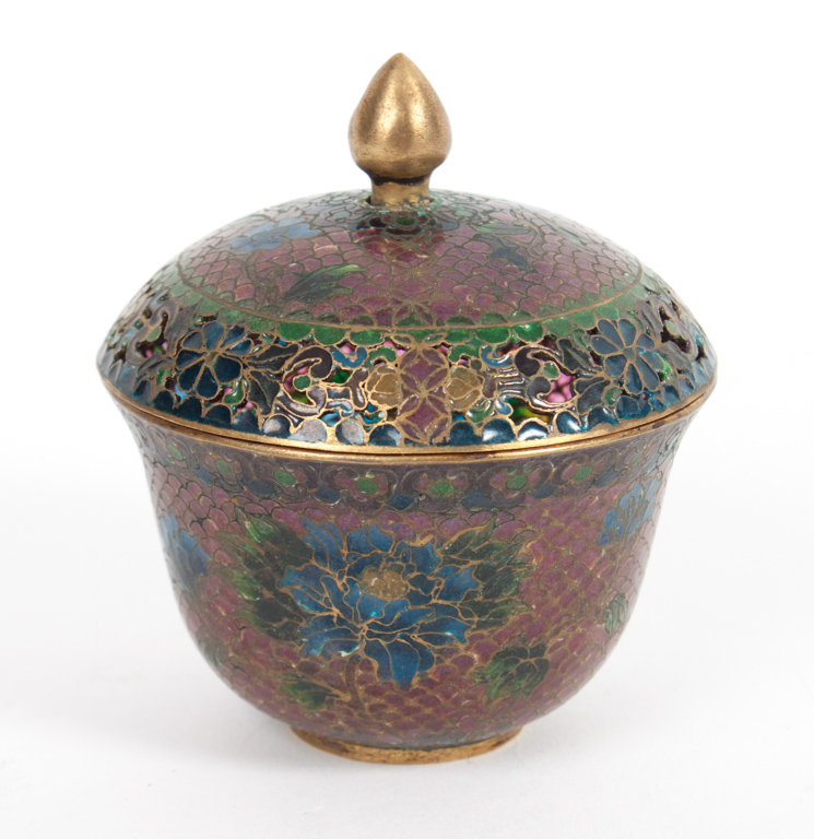 Appraisal: French plique-a-jour lidded jar early th century floral decoration in