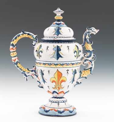 Appraisal: An Elaborate Faience Lidded Ewer Alcide Chaumeil Mark Large hand