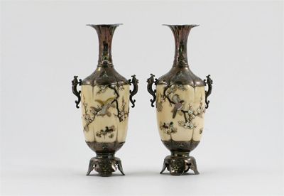 Appraisal: A pair of Japanese shibayama vases the ivory bodies inlaid