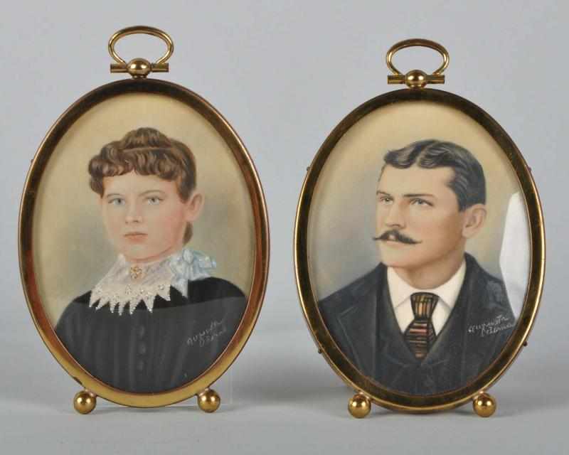 Appraisal: Lot of Hand Painted Portraits in Brass Frames Description Circa