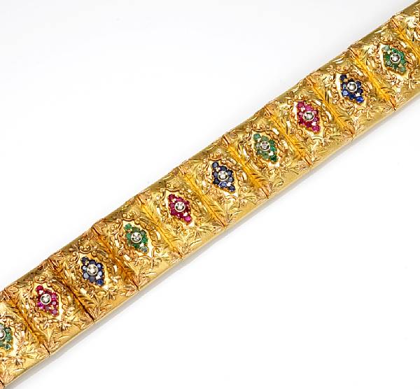 Appraisal: A diamond ruby sapphire and emerald bracelet Italy with Italian