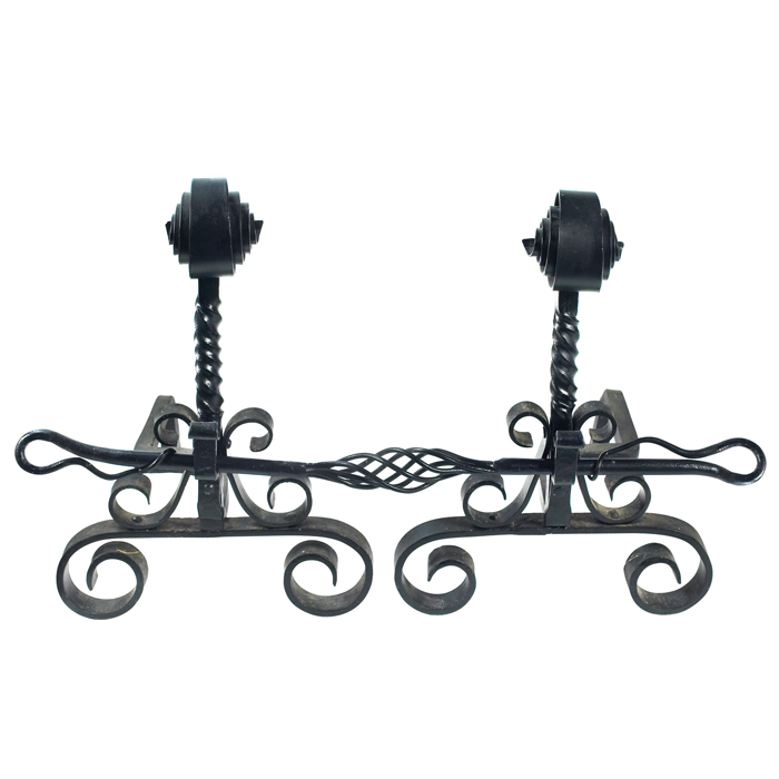 Appraisal: Arts Crafts andirons pair with crossbar in twisted and curled