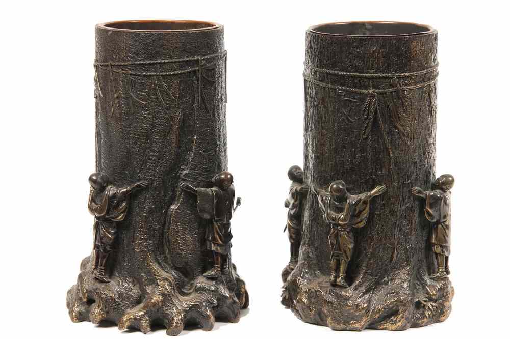 Appraisal: PAIR MEIJI SIGNED BRONZE VASES - Pair Japanese Bronze Vases