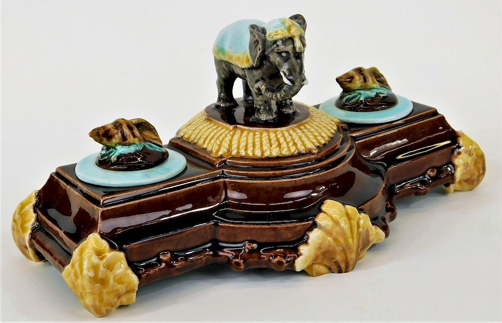 Appraisal: English Circus Elephant Majolica Pottery Inkwell England Late th Century