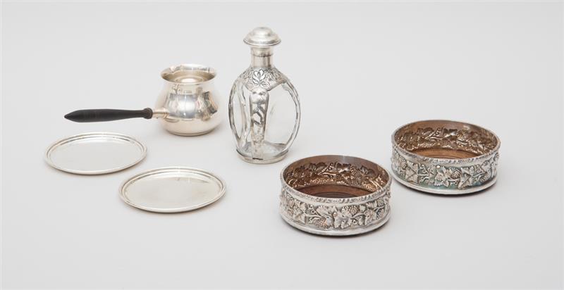 Appraisal: GROUP OF SILVER-PLATED BAR ACCESSORIES Including a wood-handled brandy warmer