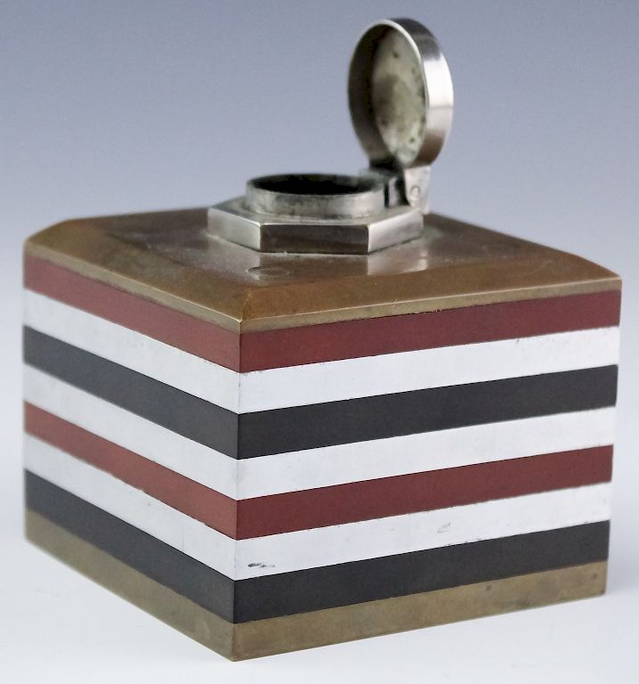 Appraisal: Art Deco Bronze Onyx Aluminum Jasper Inkwell Heavy modernist metal