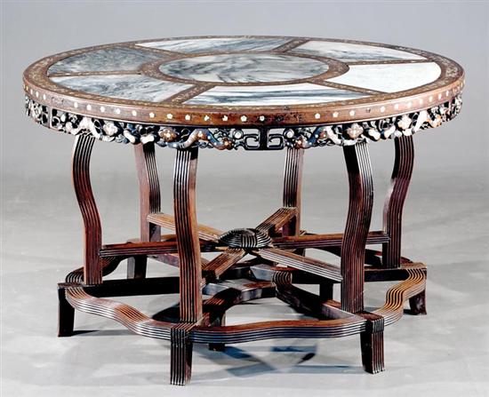 Appraisal: Chinese inlaid rosewood and marbletop table last quarter th century