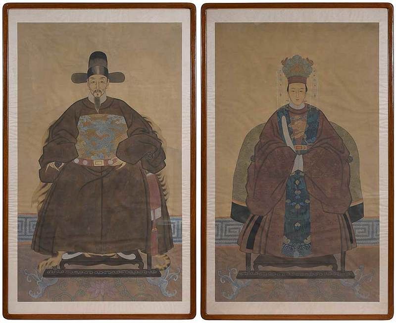 Appraisal: Pair of Large Framed Ancestor Portraits probably Korean th early