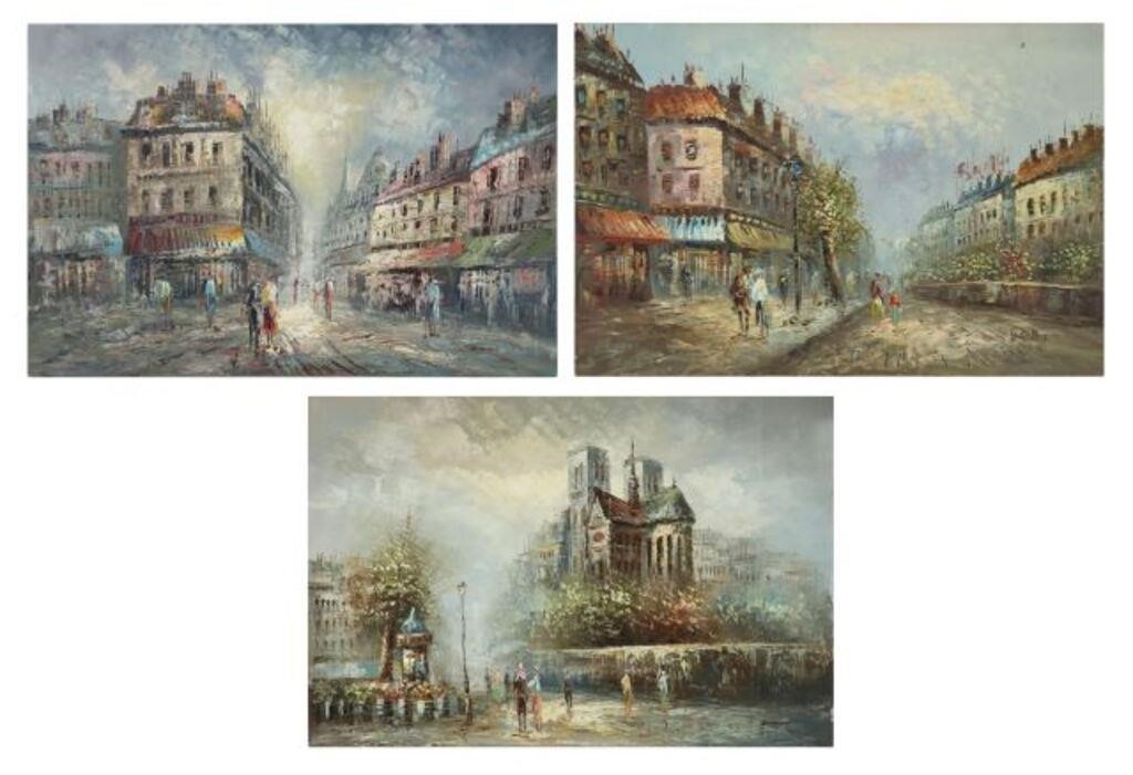 Appraisal: lot of Unframed oil on stretched canvas paintings Parisian Street