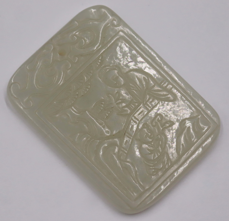 Appraisal: Chinese Carved White Jade Pendant Chinese carved white jade rectangular