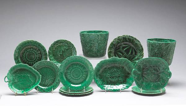 Appraisal: An assembled group of green leaf molded majolica late th