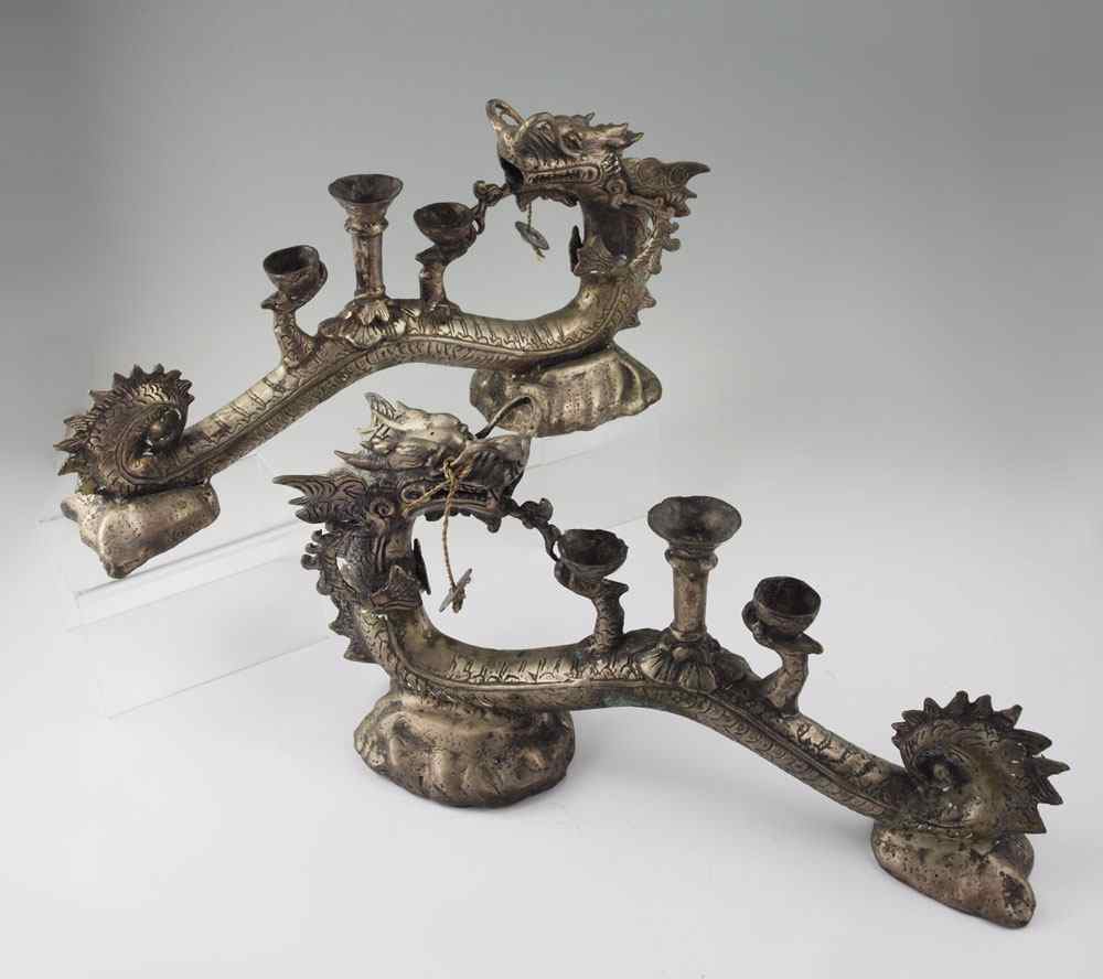 Appraisal: PAIR CAST METAL FIGURAL DRAGON INCENSE HOLDERS Figural dragons with