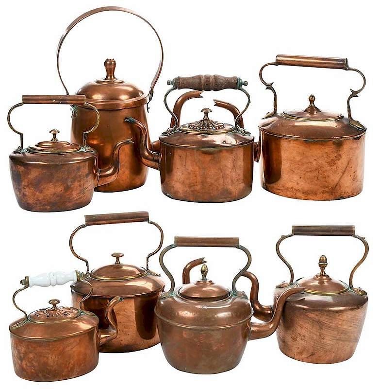 Appraisal: Eight Copper Hot Water Kettles British Continental th century some