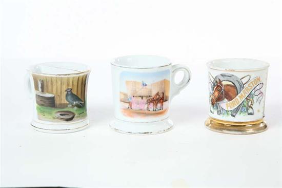 Appraisal: THREE OCCUPATIONAL SHAVING MUGS One for a farmer having a