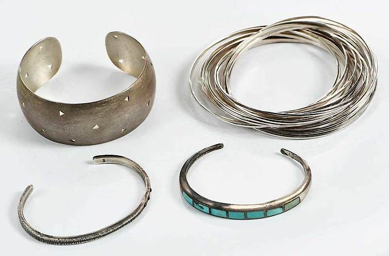 Appraisal: Four Sterling Bracelets three cuff one bangle all tested sterling