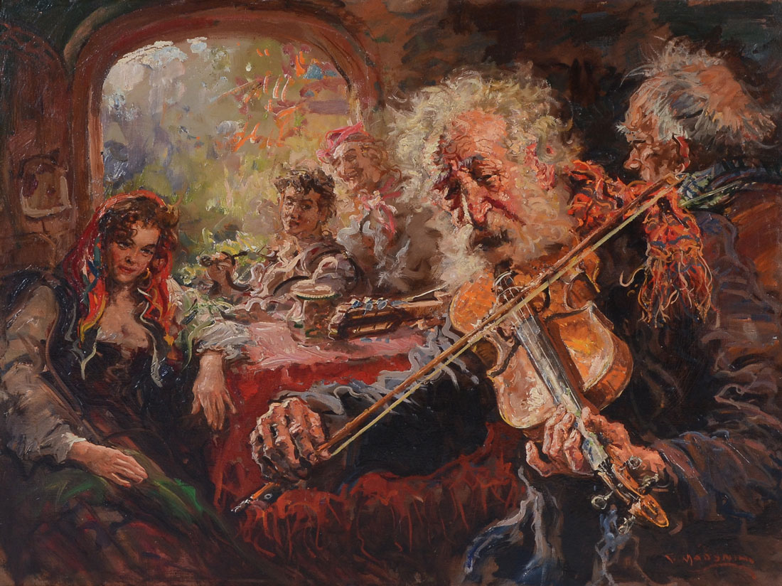 Appraisal: MADONINI Giovanni Italian - ''The Violinist'' pub scene with gypsies