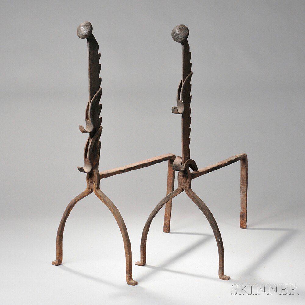 Appraisal: Wrought Iron Trammel-form Andirons England late th early th century