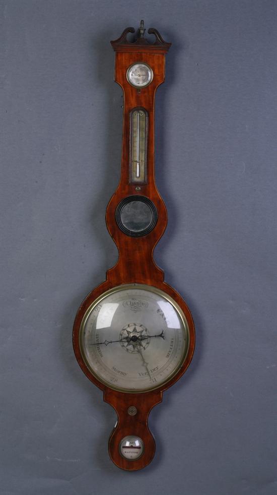 Appraisal: VICTORIAN MAHOGANY BAROMETER th century with five apertures Finial-topped scrolling