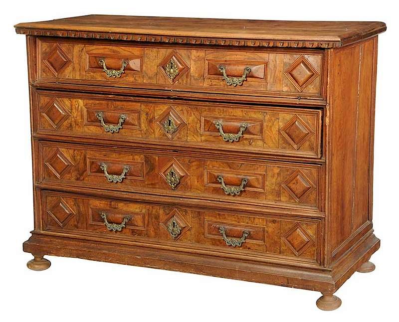 Appraisal: Italian Baroque Figured Walnut Chest Continental th century hinged lid