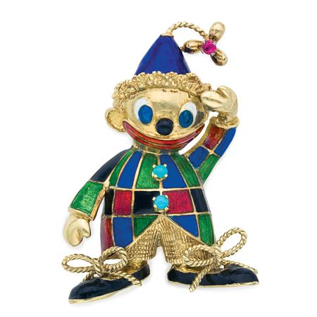 Appraisal: Gold Enamel and Turquoise Clown Brooch Estimate -