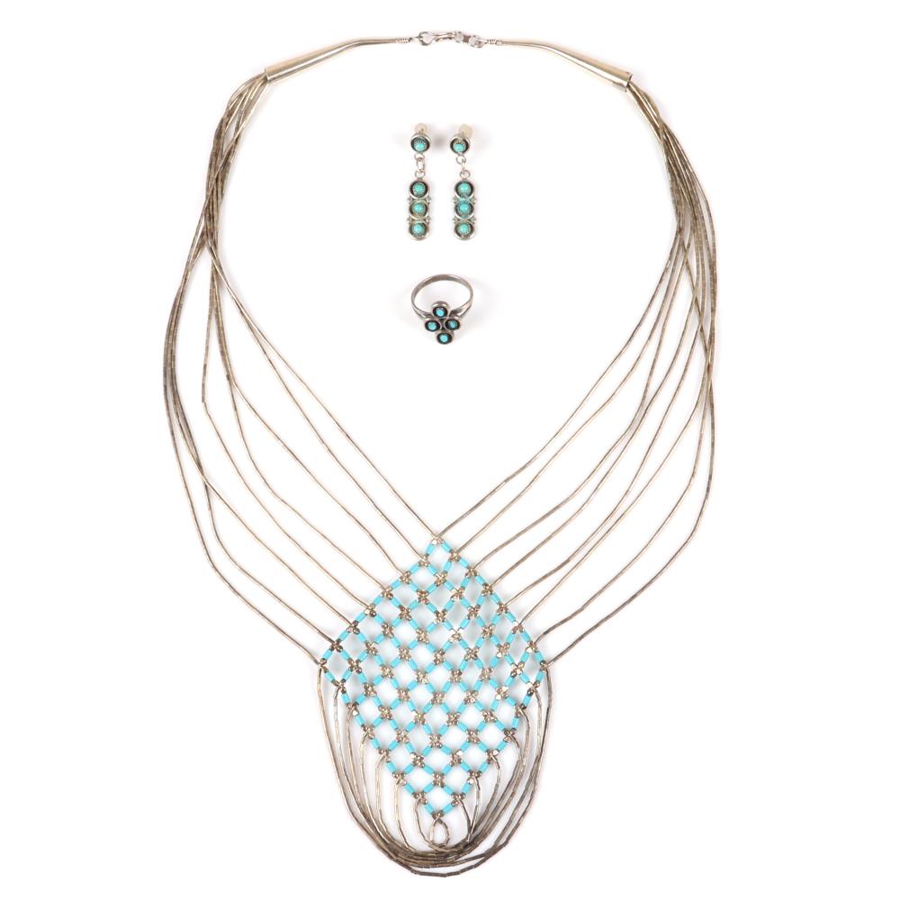 Appraisal: STERLING AND TURQUOISE PC GROUP WOVEN LIQUID SILVER EIGHT-STRAND NECKLACE