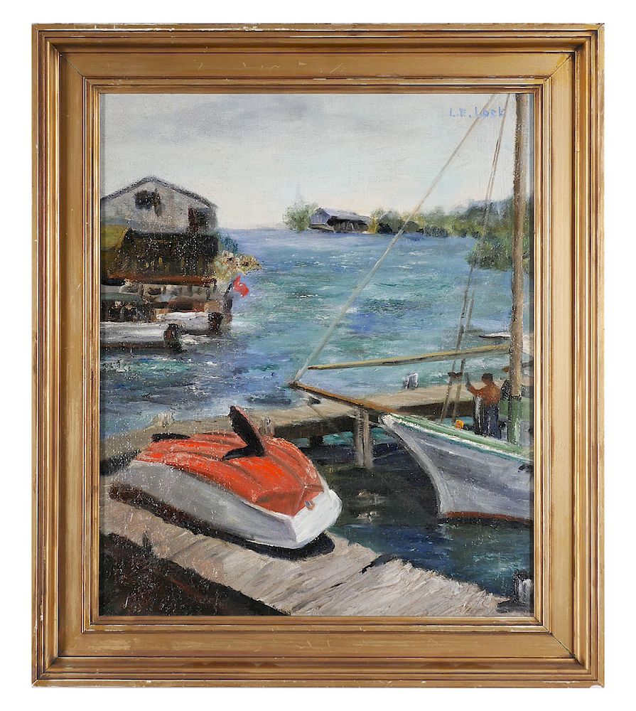 Appraisal: LAURA E LOCK Oil on Canvas Board Sailboat Dock Oil