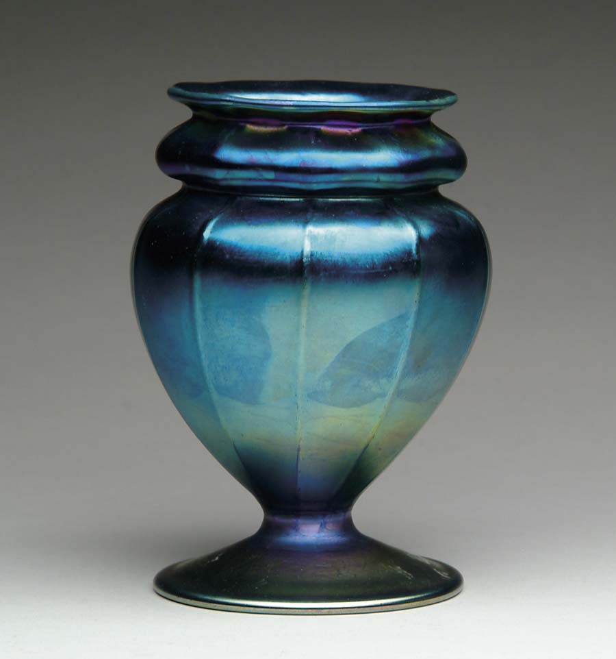 Appraisal: TIFFANY FAVRILE VASE Beautiful blue favrile vase has ribbed body