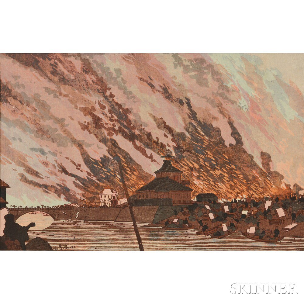 Appraisal: Kobayashi Kiyochika - Asakusa Bridge in Ryogoku Fire Japan color