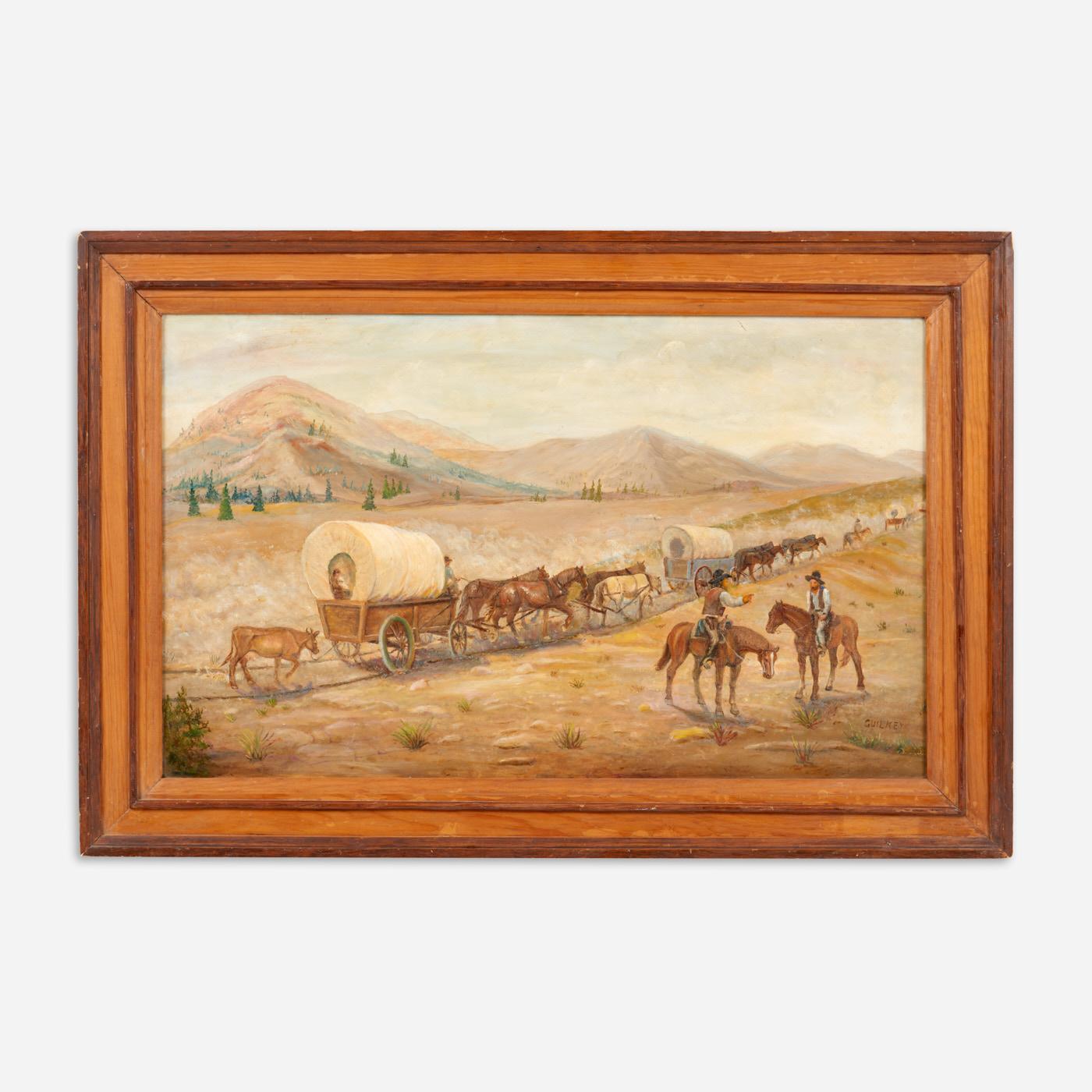 Appraisal: RUTH GUILKEY WAGON TRAIN OIL ON BOARD Ruth Guilkey Missouri