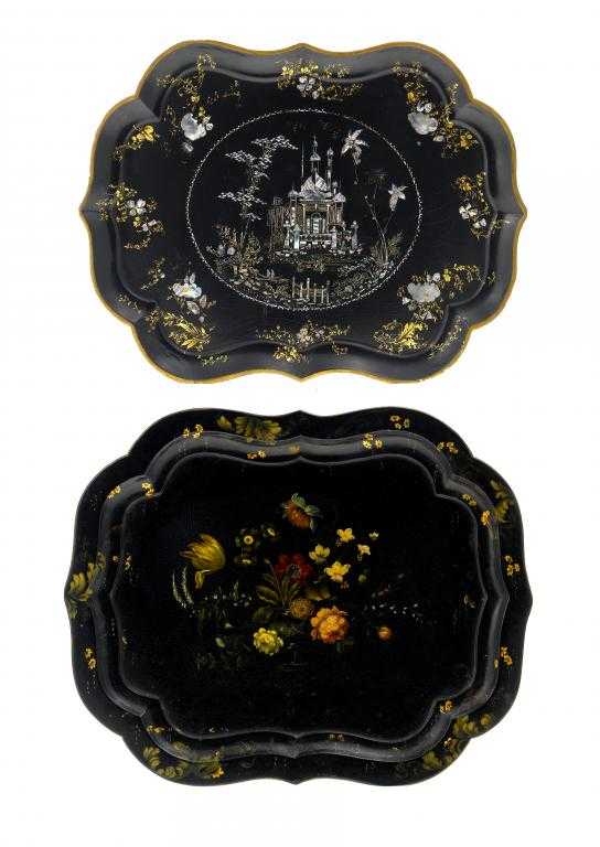 Appraisal: TWO PAPIER M CH TRAYS one inlaid in mother of