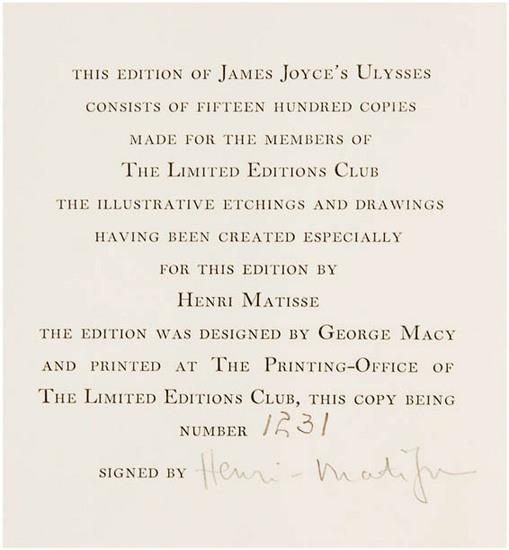 Appraisal: JOYCE James and MATISSE Henri Ulysses New York The Limited