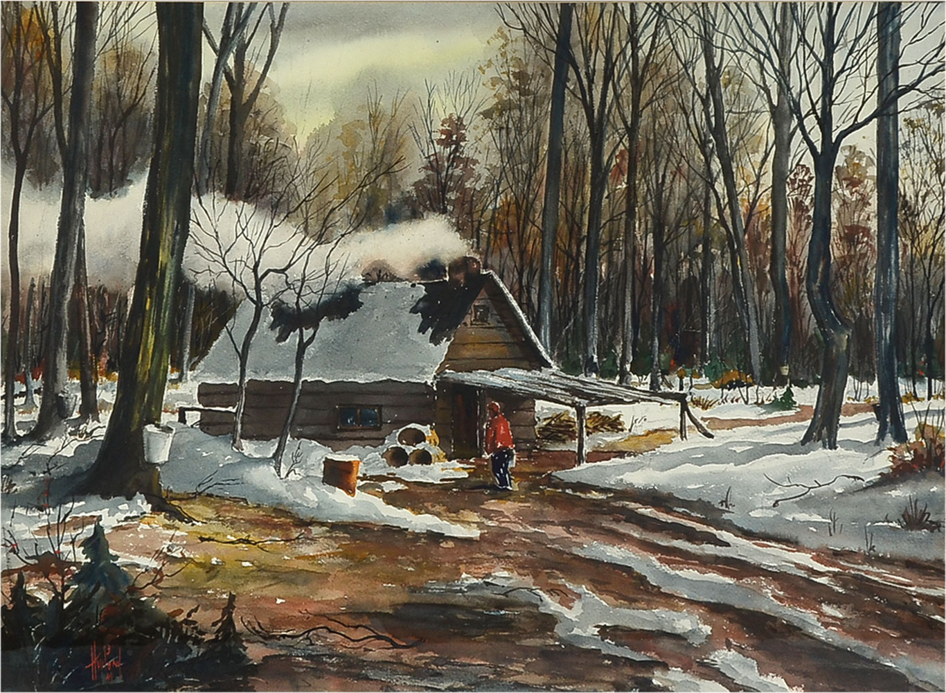 Appraisal: POND Harold Woodford American - Maple Sugaring with Winter Cabin