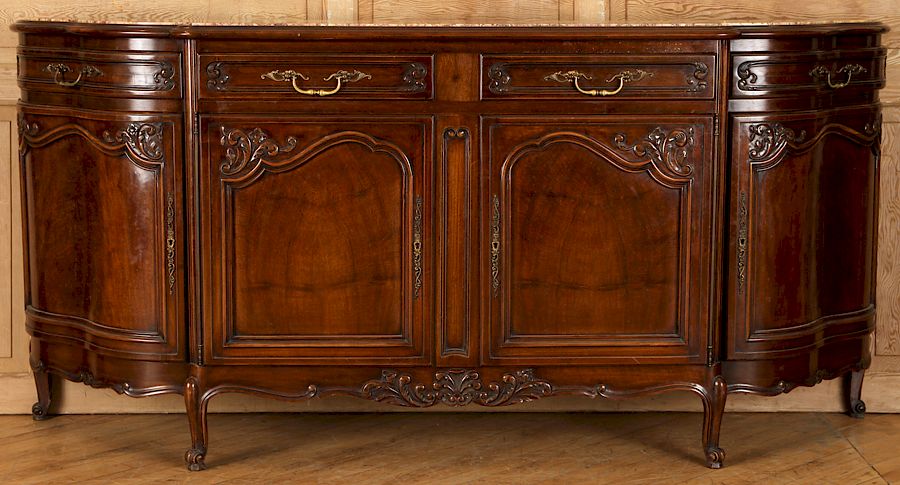 Appraisal: FRENCH WALNUT LOUIS XV STYLE MARBLE TOP SIDEBOARD A French