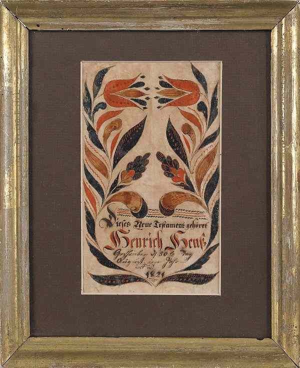 Appraisal: Southeastern Pennsylvania ink and watercolor fraktur bookplate for Henrich Hentz