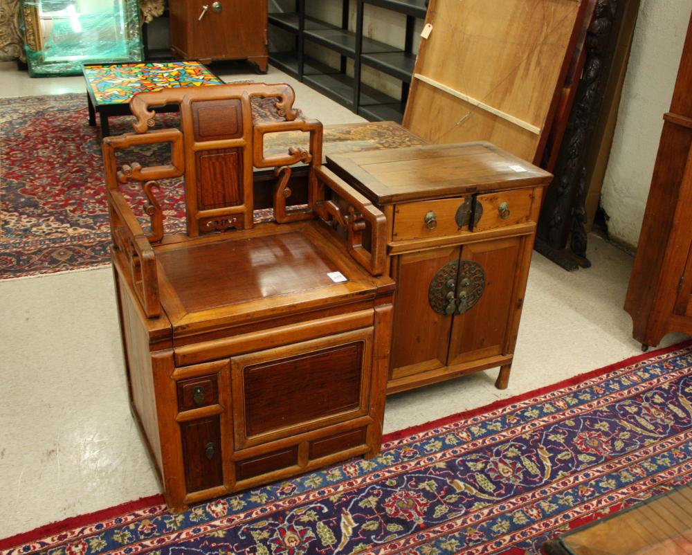 Appraisal: CHINESE COMMODE ARMCHAIR AND SIDE CABINET cypress chair with lift