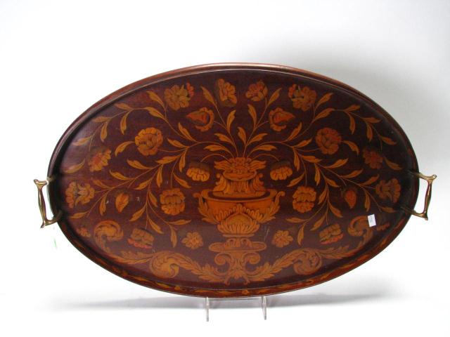 Appraisal: Antique Marquetry Inlaid Serving Tray with urn floral motif brass