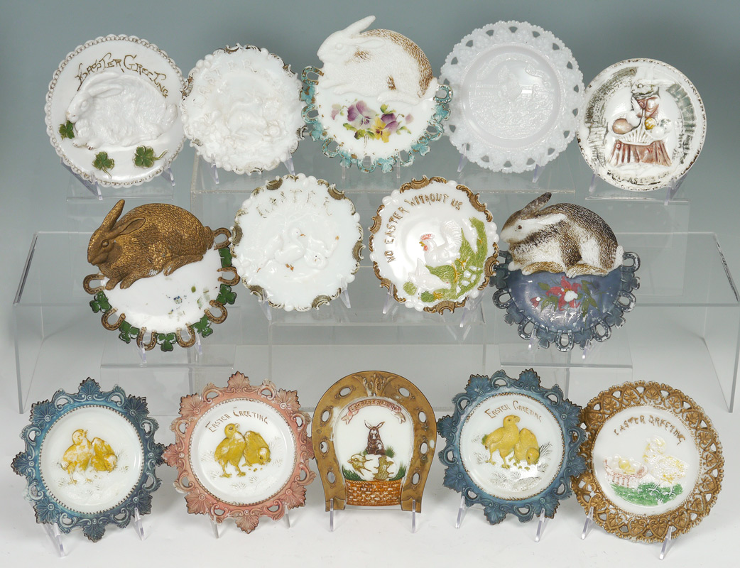 Appraisal: VICTORIAN MILK GLASS EASTER PLATES An assembled collection of paint