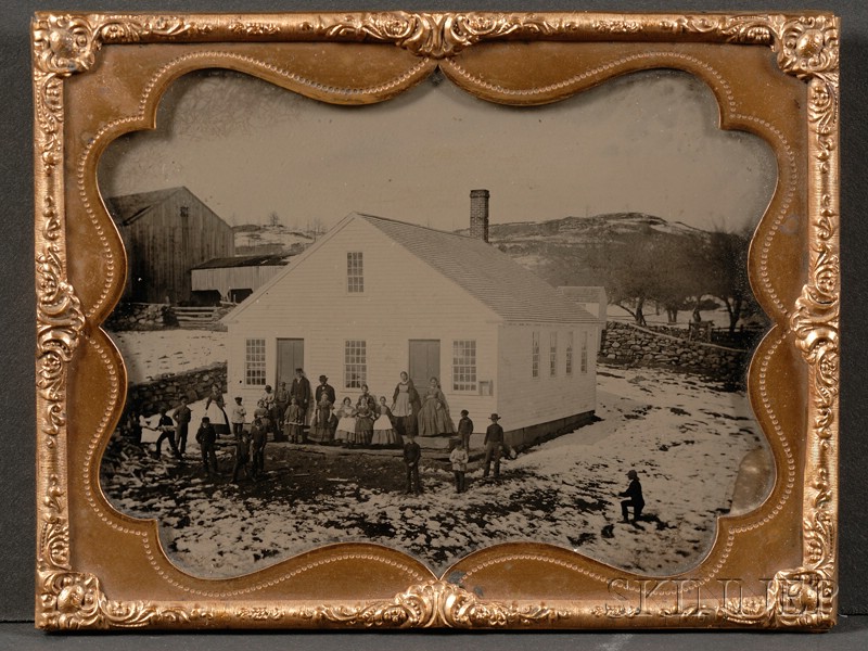 Appraisal: Half Plate Ambrotype of a Schoolhouse and Pupils in Winter