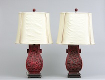 Appraisal: Pair of Carved Cinnabar Lamps ca late th th century