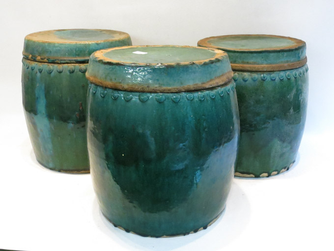 Appraisal: SET OF THREE CHINESE POTTERY FOOD STORAGE JARS green glazed